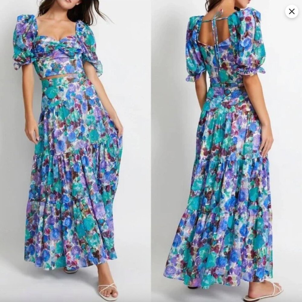 PatBO Blossom Crop Top & Maxi Skirt Set in Violet Floral Size 4 & Small - NWOT